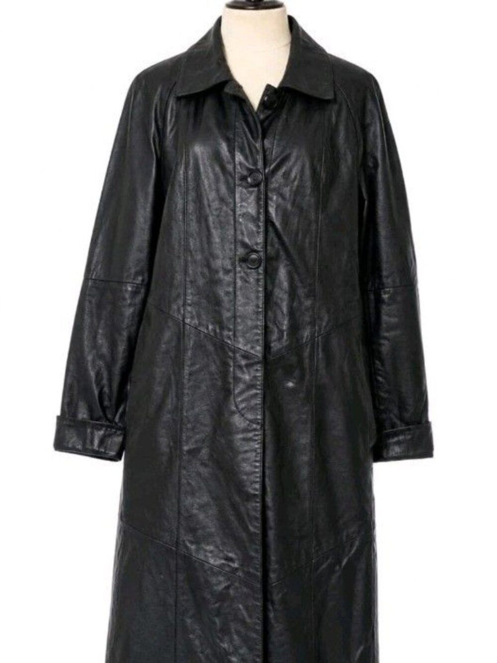 Studio C Women’s Black Genuine Leather Full Length Maxi Trench Coat Size M/20.